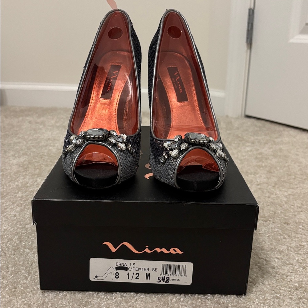 Nina Pewter Peep Toe Heels with Sparkle Accents